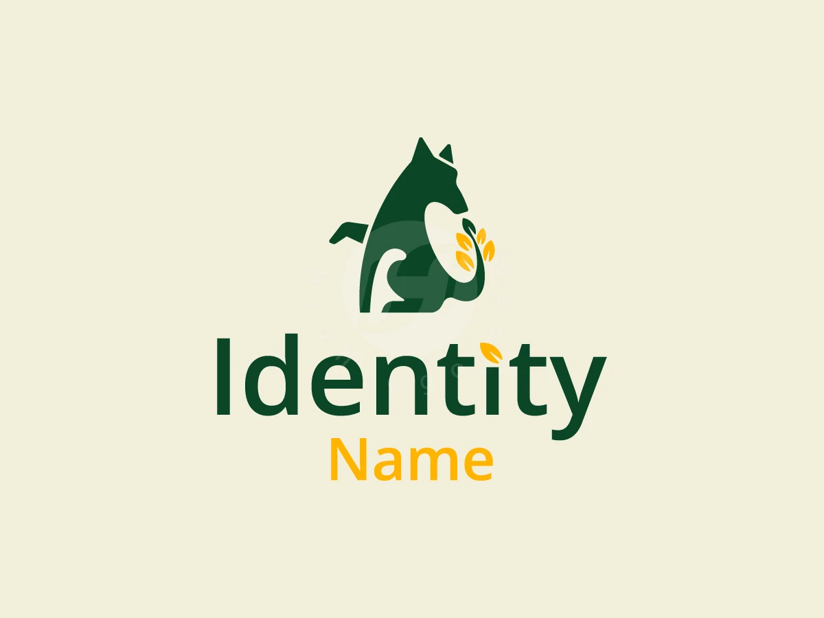 Organic Dog Leaf Logo, Wolf silhouette in green with a yellow leafy tail sits above the text "Identity Name" on a cream background.