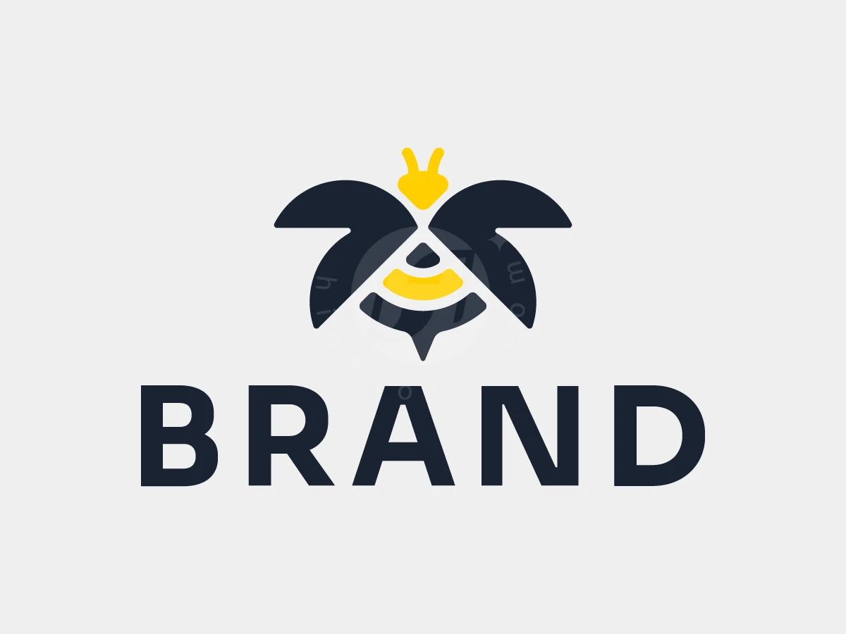 Smart Bee Connection Logo, Yellow and navy blue stylized bee icon hovers above bold sans-serif typography spelling BRAND on a light background.