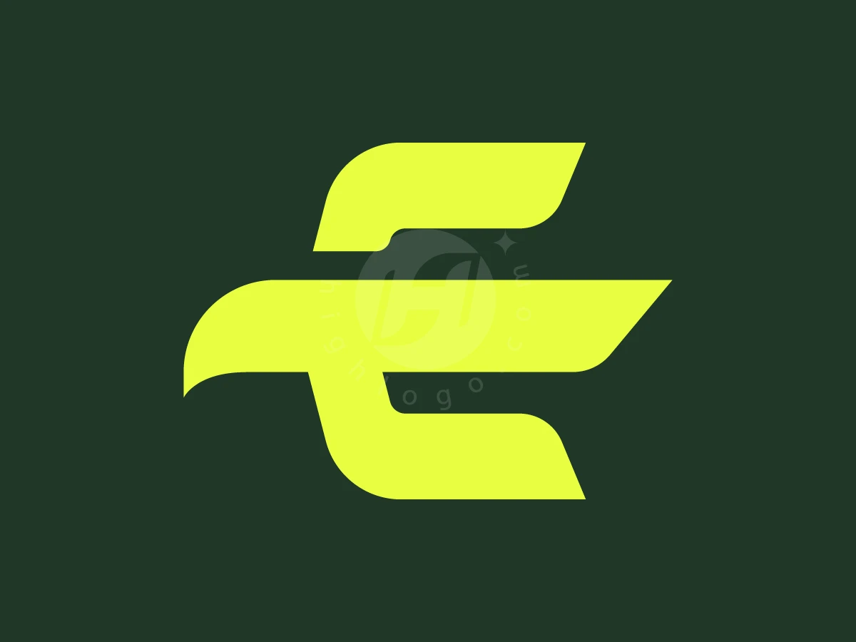 Minimalist Letter E Eagle Logo, Against a dark green background, a vibrant lime green abstract shape resembles a stylized bird and the letter E.