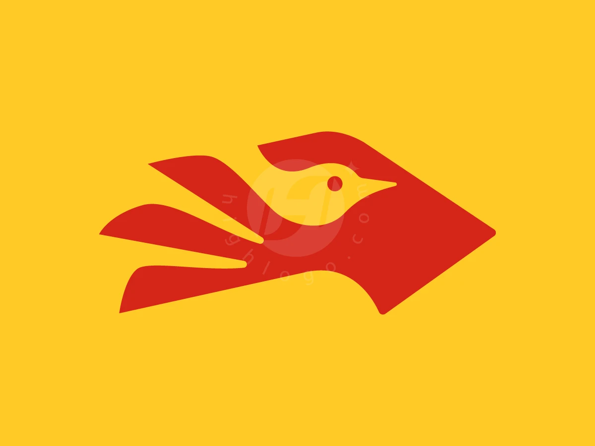 Hand Bird Care Logo, Red stylized hand and arrow shapes outline a yellow bird head through negative space on a bright yellow background.