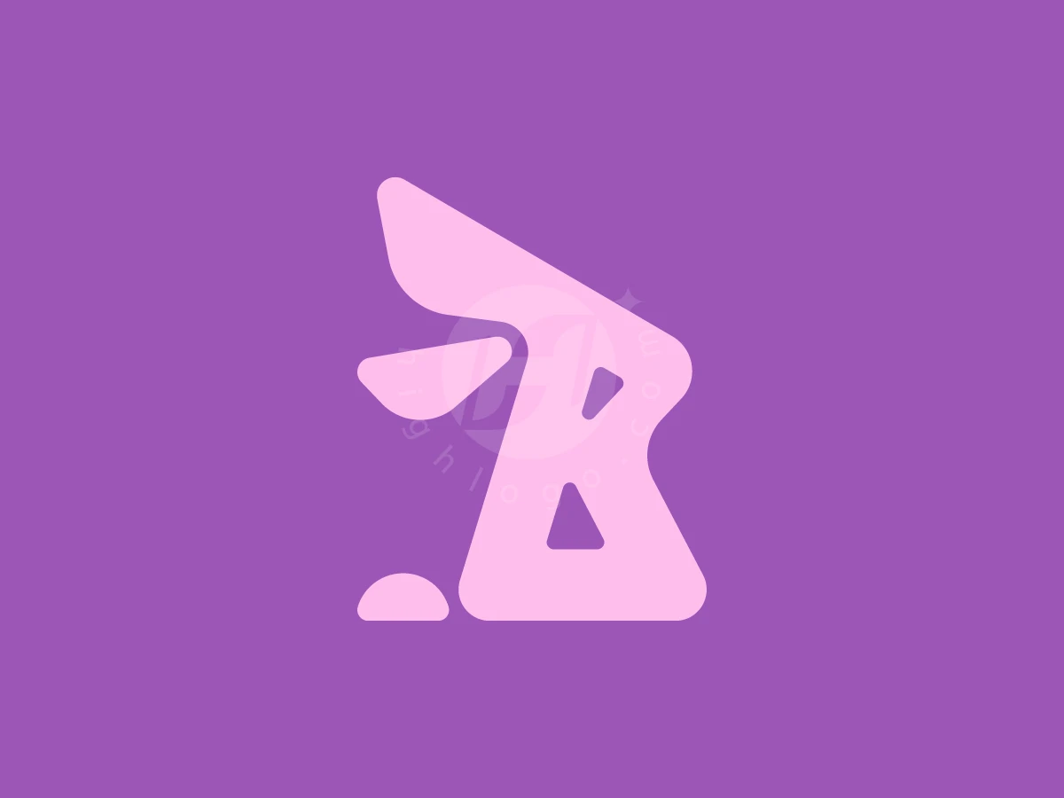 Letter B Rabbit Monogram Logo, Shaped like the letter R, a light pink abstract rabbit emblem stands out on a smooth purple background.