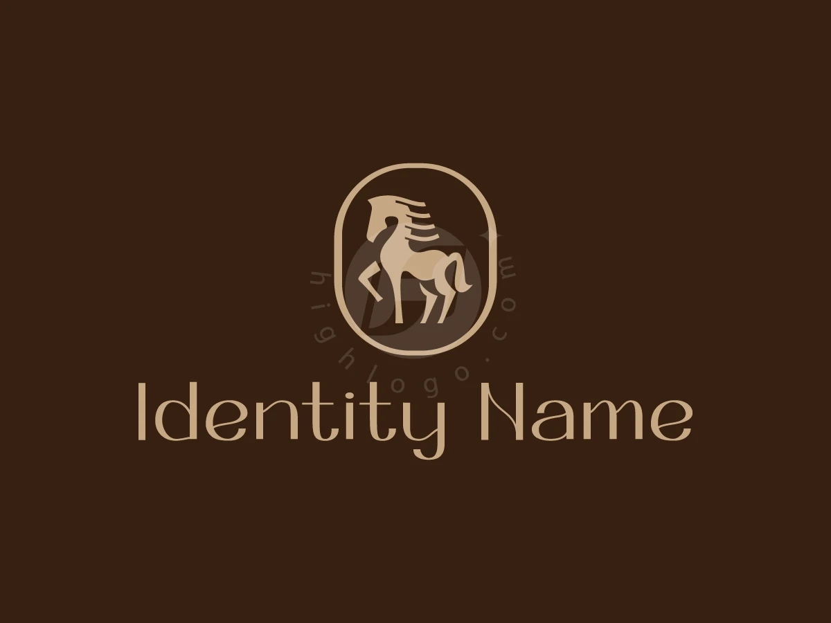 Vintage Luxury Stallion Logo, Centered tan horse emblem framed in an oval sits above elegant beige "Identity Name" text on dark brown.