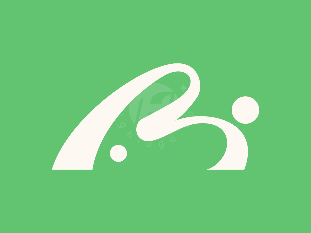 Fluid Rabbit Letter B Or R Logo, Against a vibrant green background, fluid white curves and two dots form a stylized abstract monogram shape.