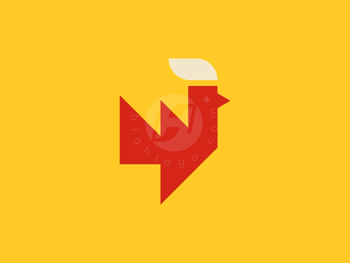 Rooster Factory Logo, Geometric red shapes form a stylized rooster with a white crest against a vibrant yellow background.