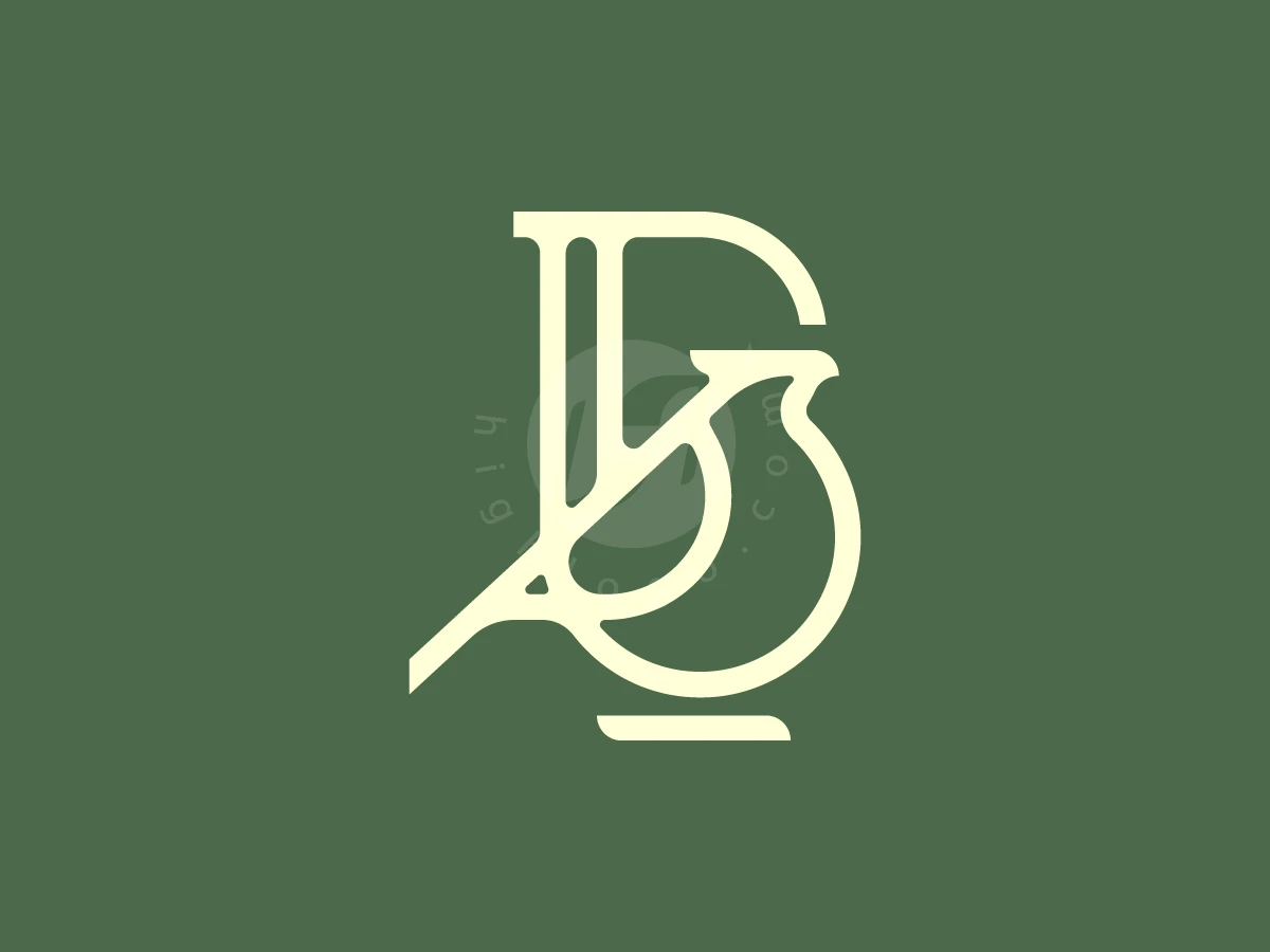 Letter B Bird Monogram Logo, Centered on a muted green background, off-white line art forms a stylized monogram bird silhouette.