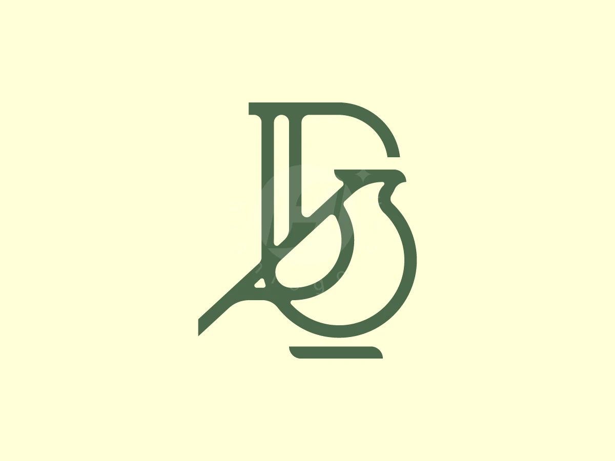 Letter B Bird Monogram Logo, Green line art combines the letter B and a bird silhouette on a soft cream background.