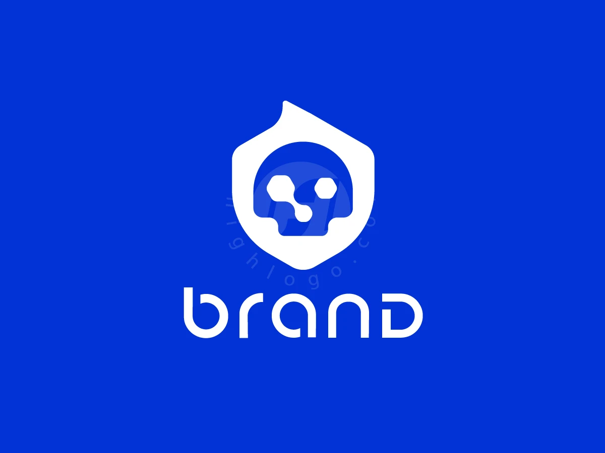 Digital Skull Cybersecurity Logo, Set on a solid blue background, a white shield emblem encloses a blue tech-skull above sleek white typography.