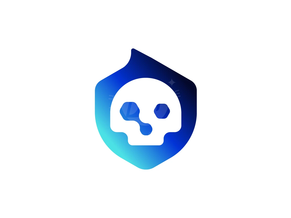 Digital Skull Cybersecurity Logo, Gradients of cyan and navy blue form a shield framing a stylized white skull with connected geometric eye sockets.