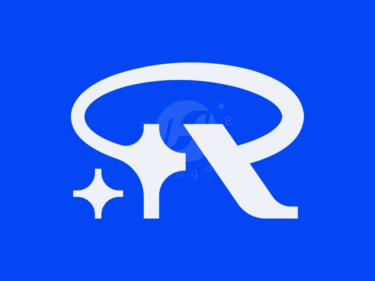 Letter R Space Orbit Logo, Set against a vibrant blue background, a white stylized letter R incorporates an overhead loop and four-pointed sparkles.