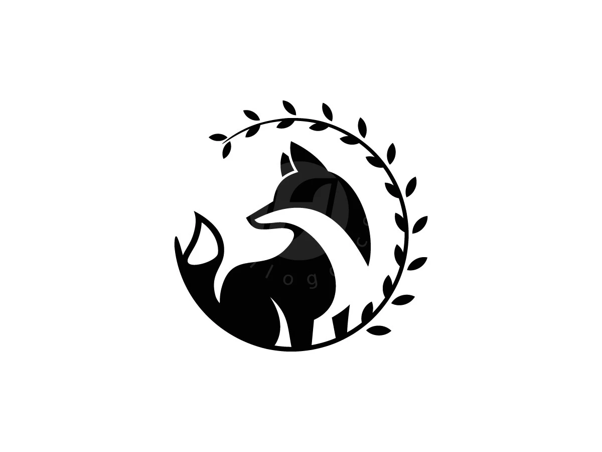 Leaves forming a circle frame a black fox silhouette in this minimalist nature logo.