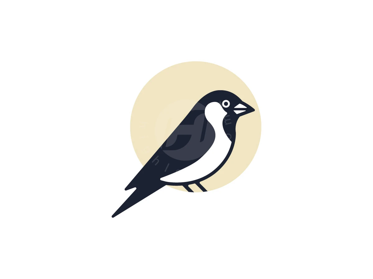 Against a pale yellow circular backdrop, a stylized black and white sparrow forms this elegant minimalist bird logo.