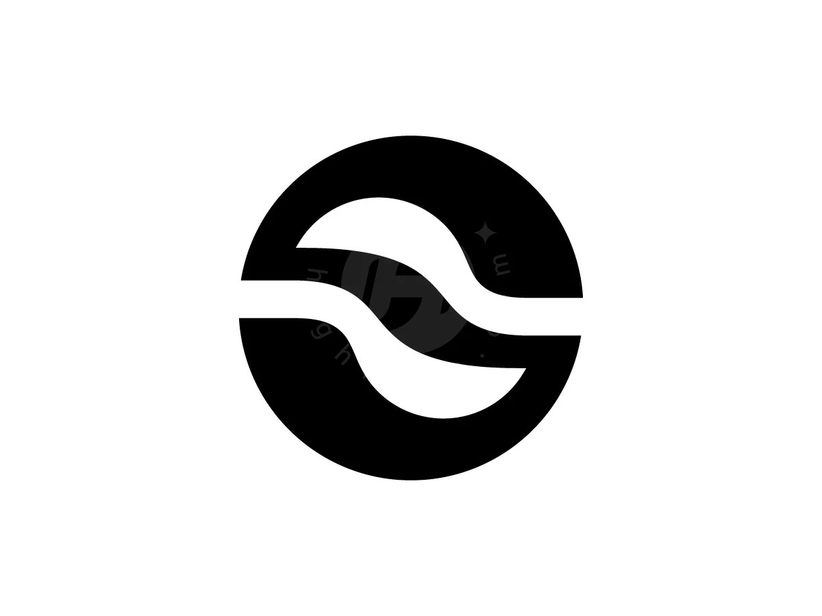 Black circular logo uses white negative space to form a stylized letter S with smooth, flowing curves.