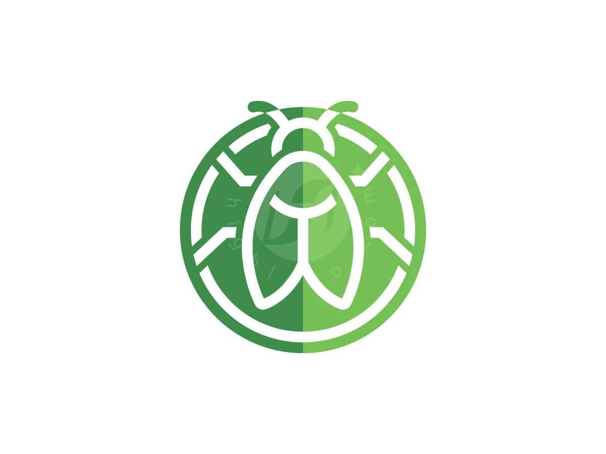 Wings and antennae form a circular green monoline beetle logo, using light and dark shades for a nature emblem.