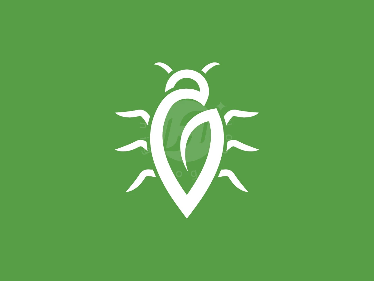 Combining a leaf and beetle, this white logo represents modern nature pest control on a green background.