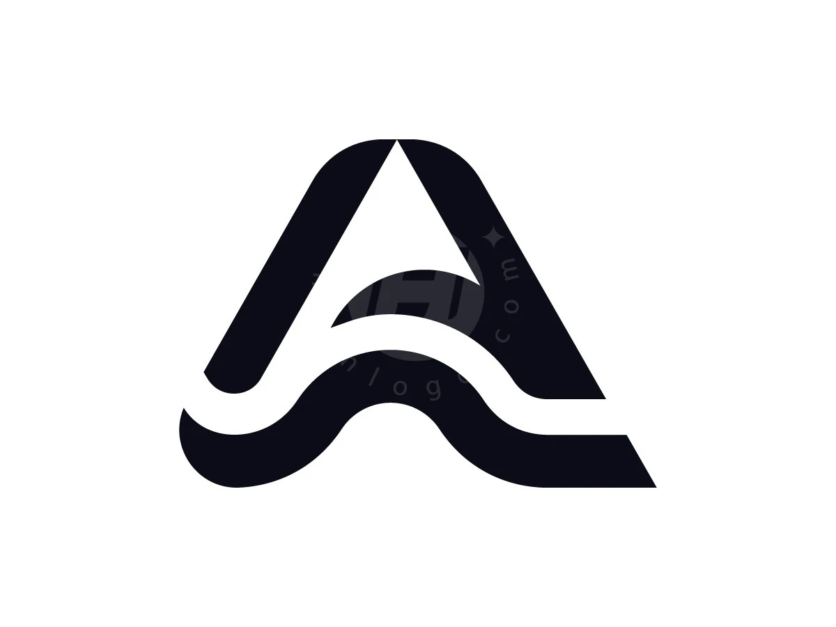 Letter A logo designed with bold black strokes and a central flowing wave on a white background.
