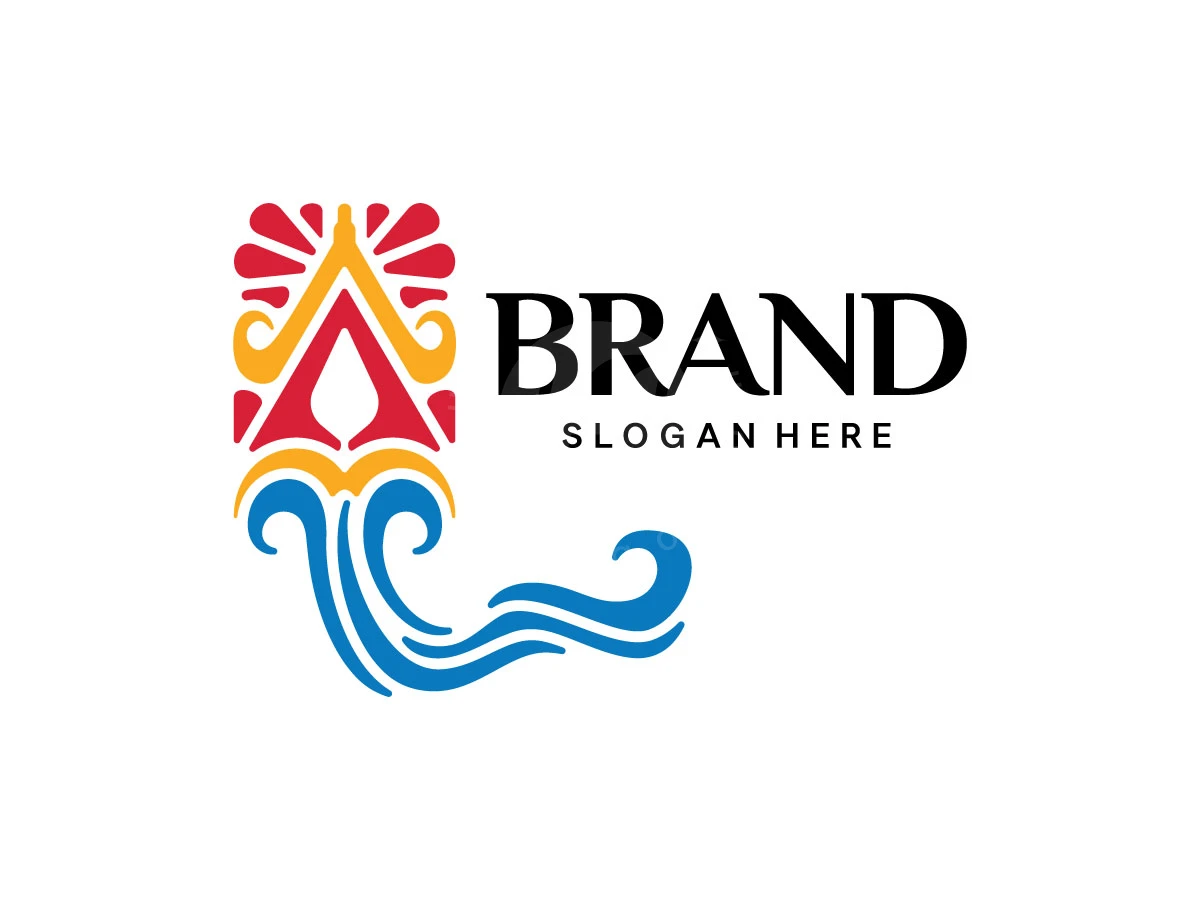 Motifs of red and yellow flames above blue waves form a tribal A logo with bold black serif text.