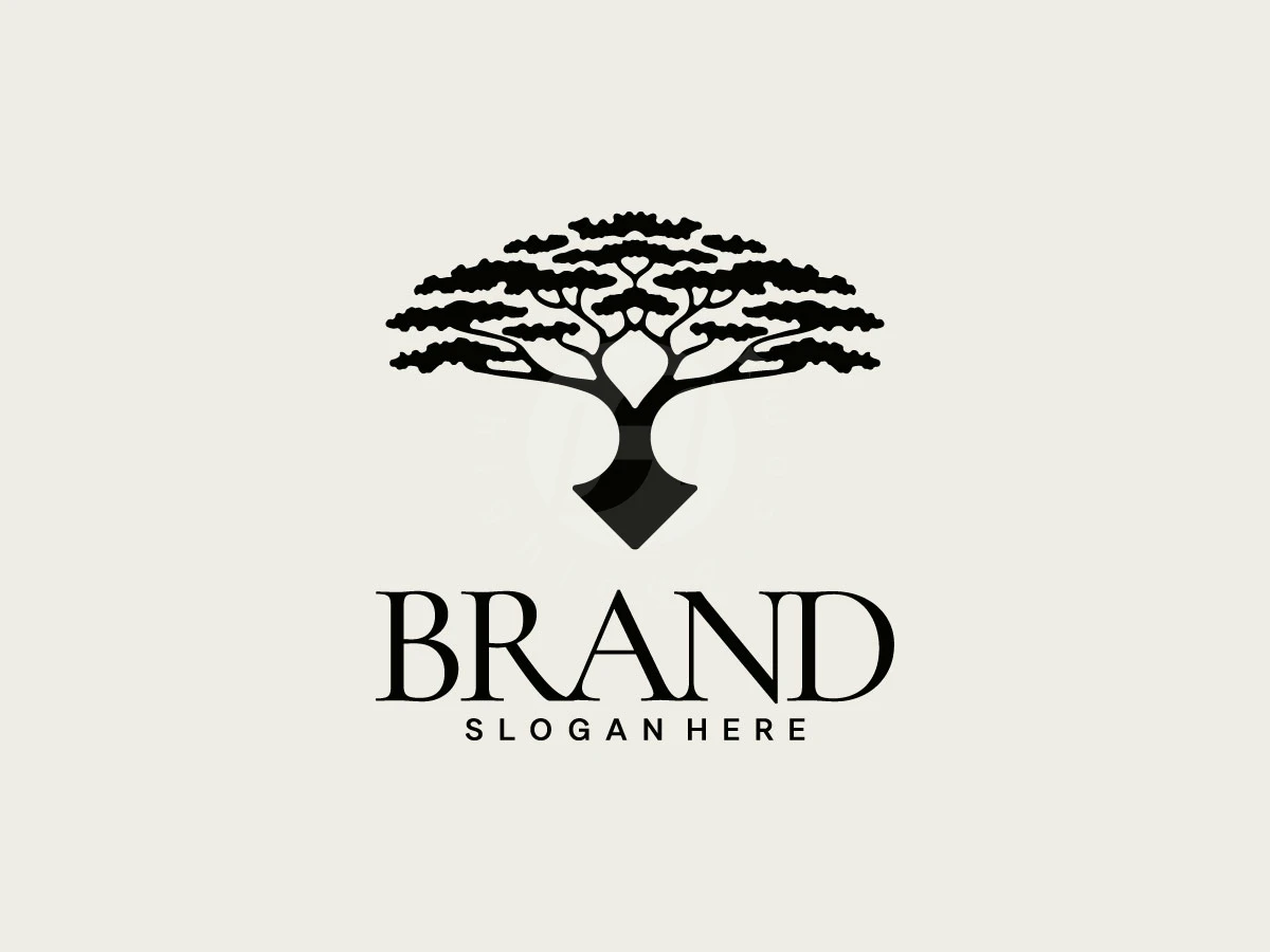 Against a cream background, this logo features a black savannah acacia tree silhouette and bold serif brand typography.