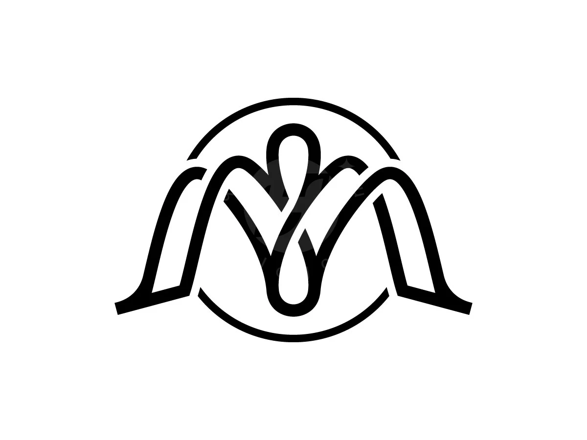 Within a circular frame, intertwined black lines form a decorative infinity M monogram logo on a white background.
