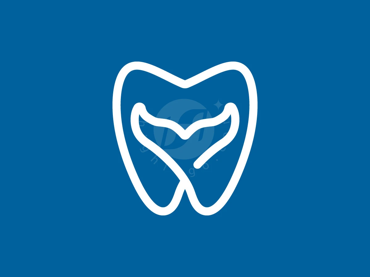Merging a molar tooth with a whale tail, this white line art logo sits on a solid blue background.
