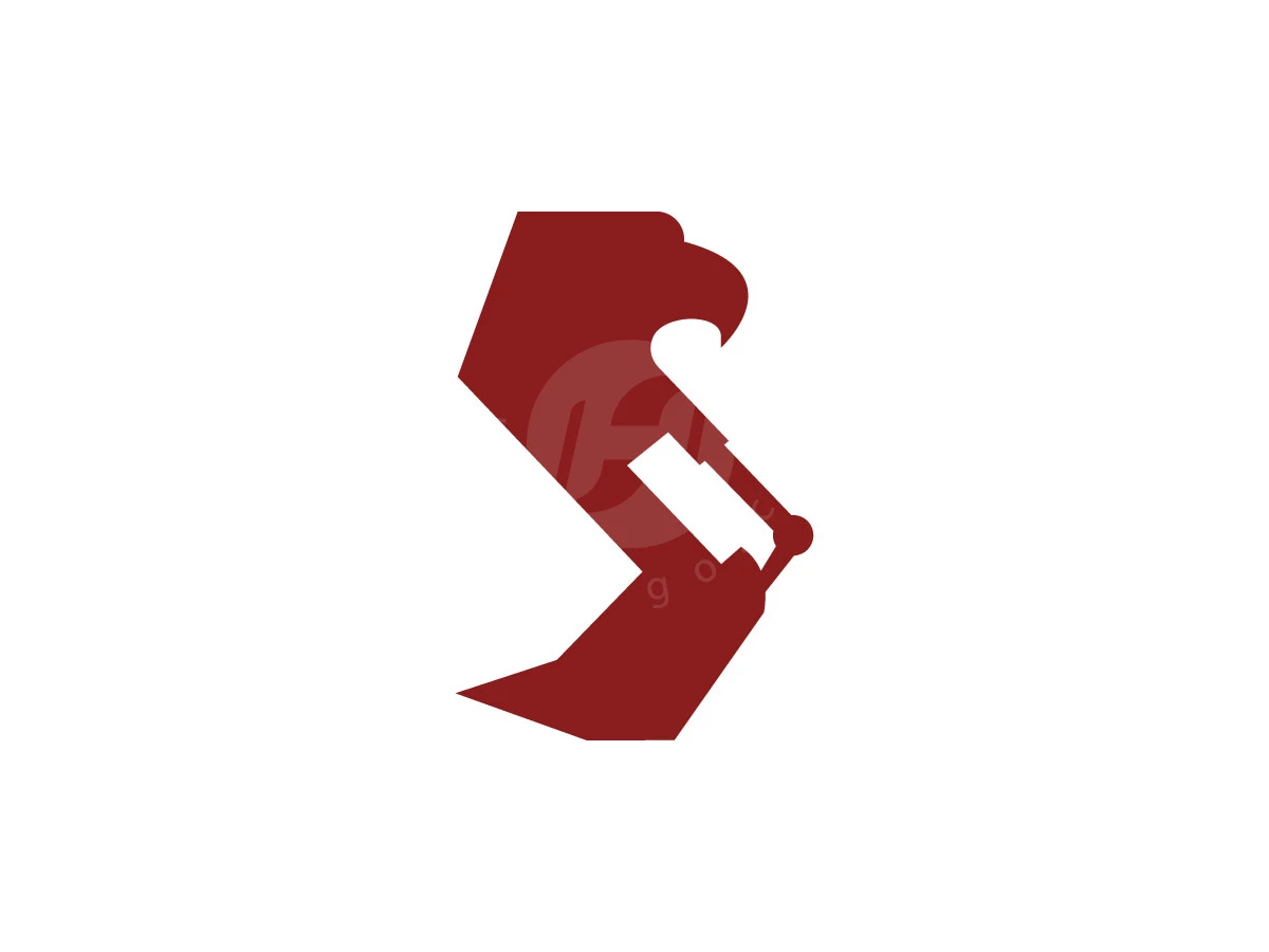 Integrating an eagle head and excavator bucket, this dark red minimalist logo uses sharp geometric shapes.