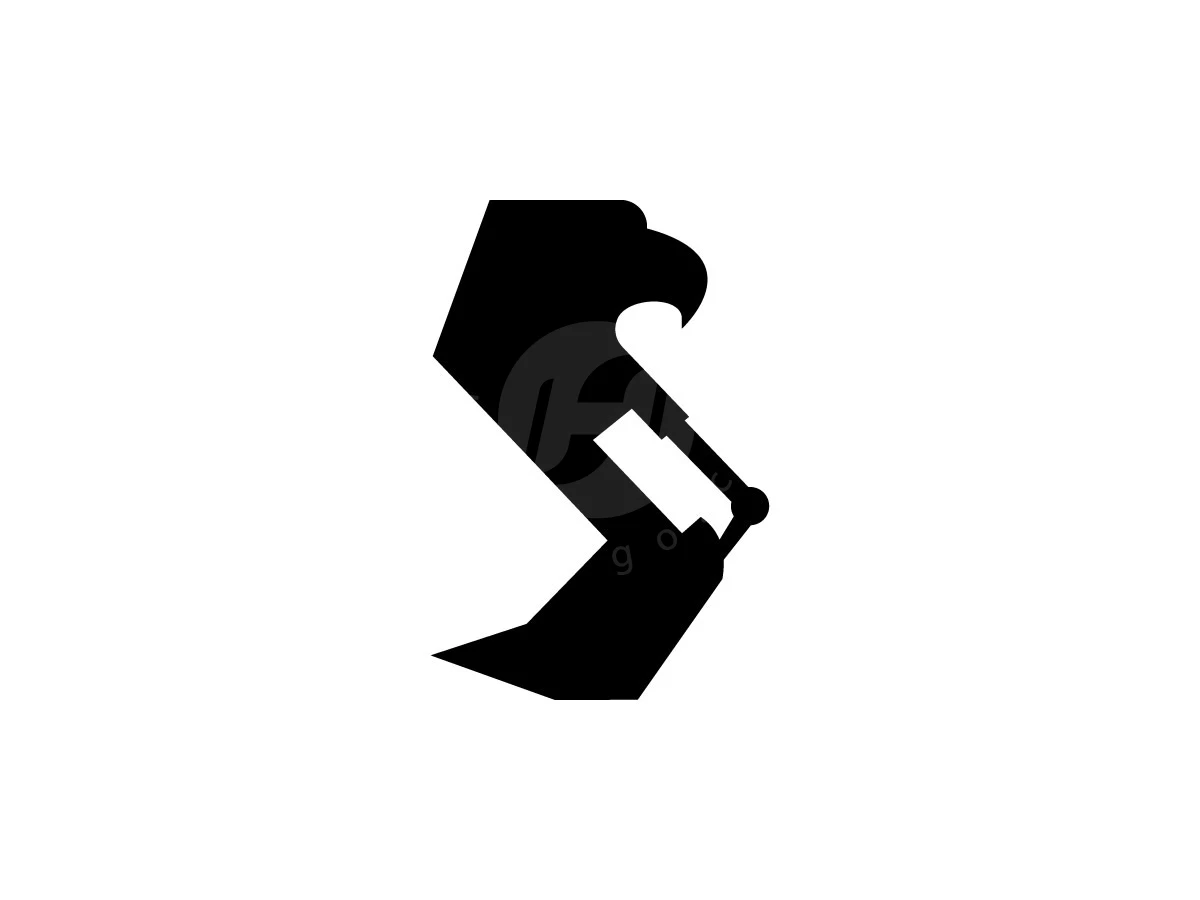 Excavator bucket and eagle head symbols create a black minimalist geometric logo with sharp lines on white background.