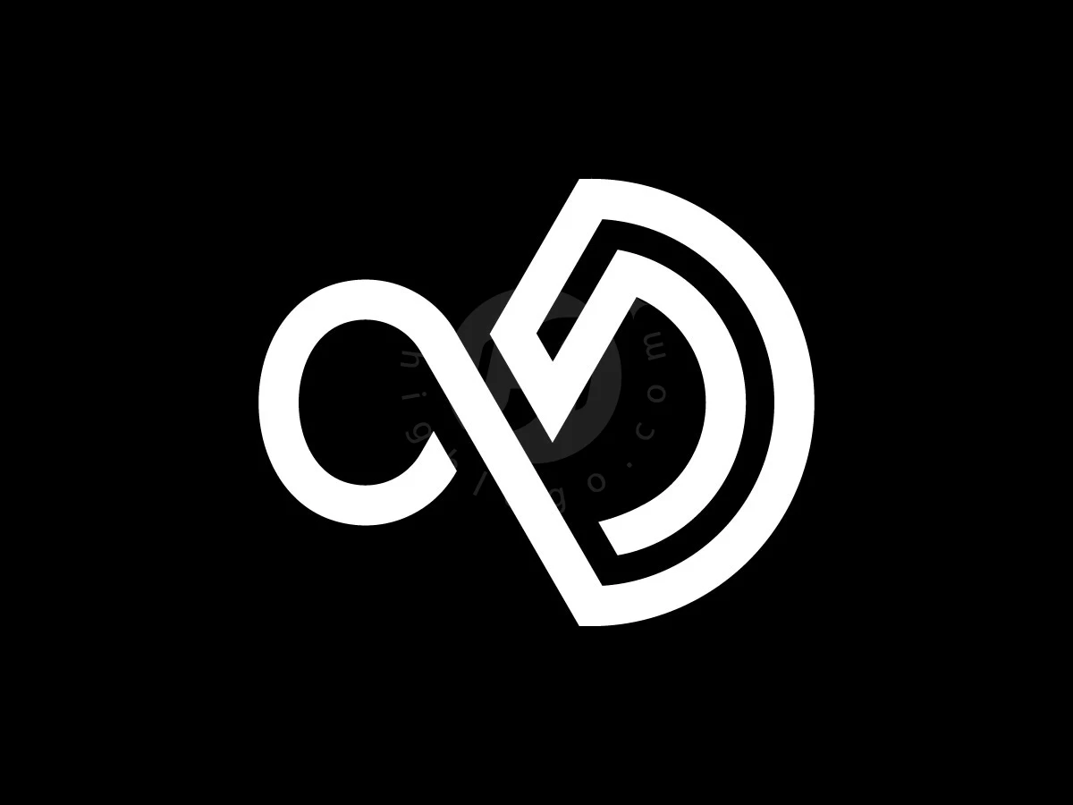 Infinity Letter D Monogram Logo, Interlocking white geometric lines form a stylized CD monogram against a solid black background.