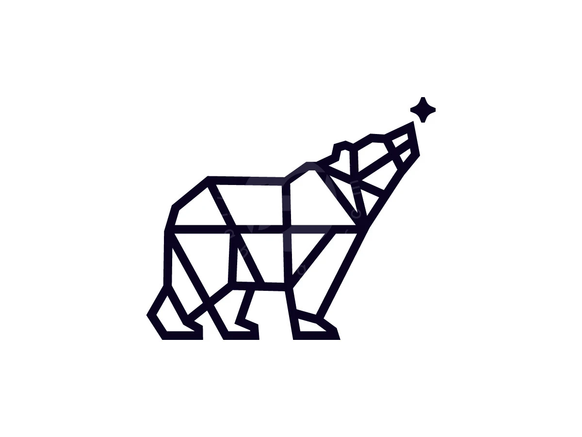 Geometric Bear Polygon Minimalist Modern Logo, Against a white background, dark geometric lines form a bear silhouette gazing up at a four-pointed star.