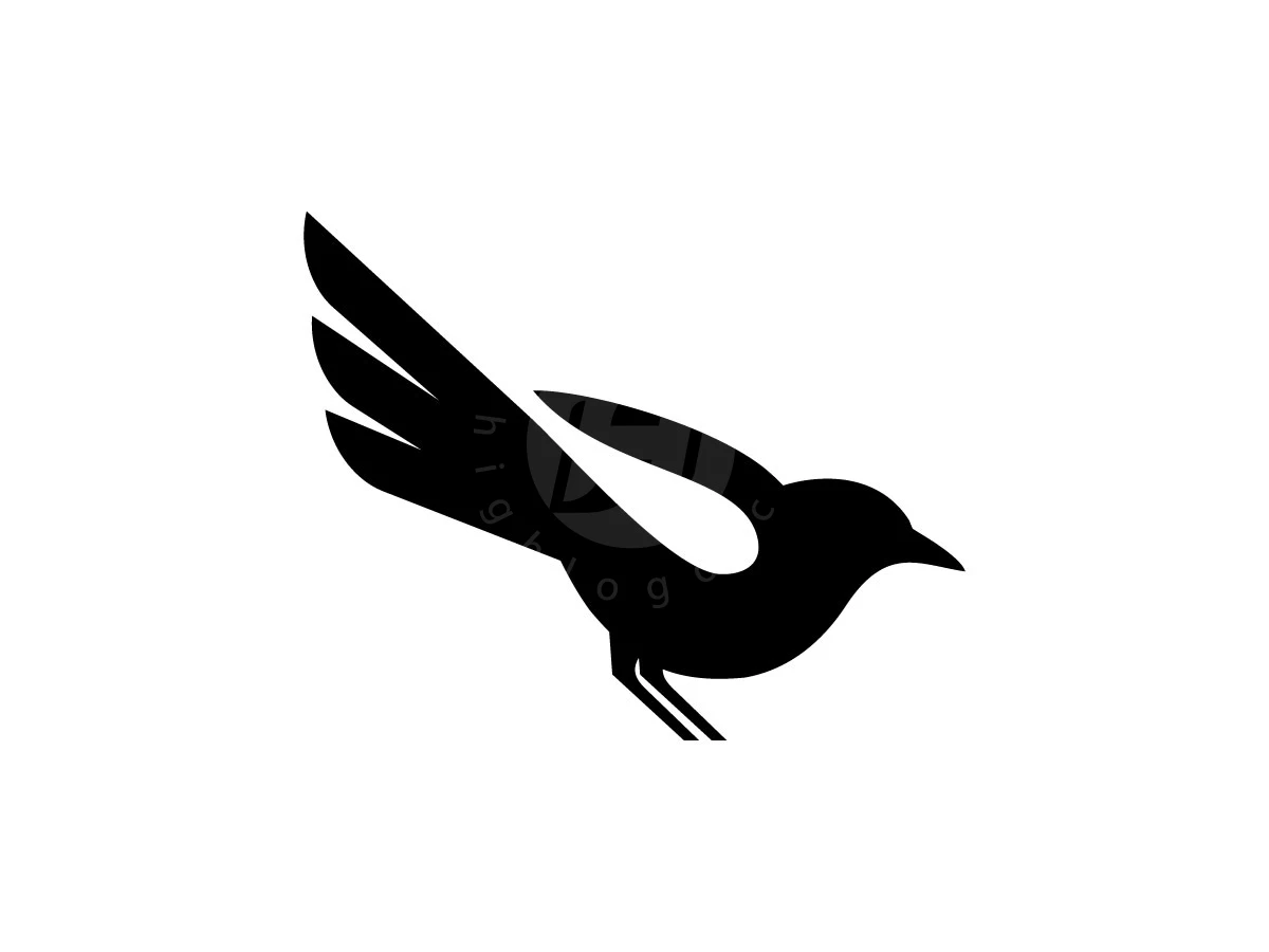 Minimalist Magpie Bird Silhouette Logo, Solid black bird silhouette with three tail feathers and a sharp beak contrasts against a white background.