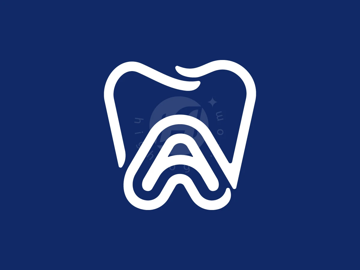 Dental Letter A Monogram Logo, Against a solid navy blue background, a stylized white line-art tooth cleverly incorporates the letter 'A' at its center.