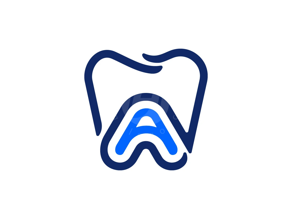 Dental Letter A Monogram Logo, Navy blue curves outline a tooth shape, surrounding a bright blue letter 'A' on a clean white background.