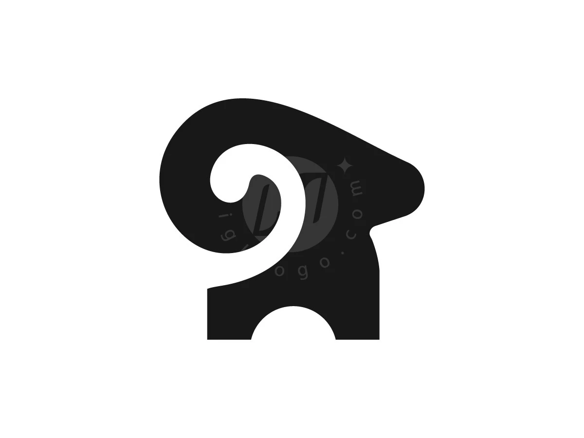 Minimalist Ram Head Logo, Negative space creates a white spiral horn inside the black silhouette of a stylized ram on a white background.