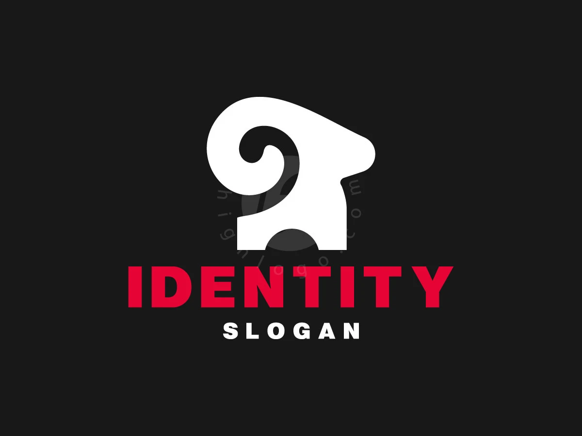 Minimalist Ram Head Logo, Against a black backdrop, a stylized white ram head sits above red "IDENTITY" and white "SLOGAN" text.