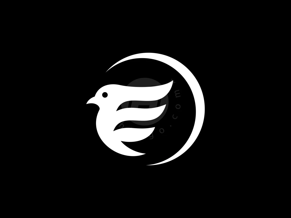 Logo Letter E With Bird, Against a black backdrop, a white bird silhouette forms the letter E within a curved crescent frame.