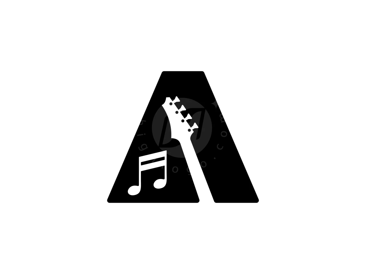 Modern Letter A Guitar And Music Note Logo, Inside a black letter A silhouette, a white guitar headstock and musical note stand out against white space.