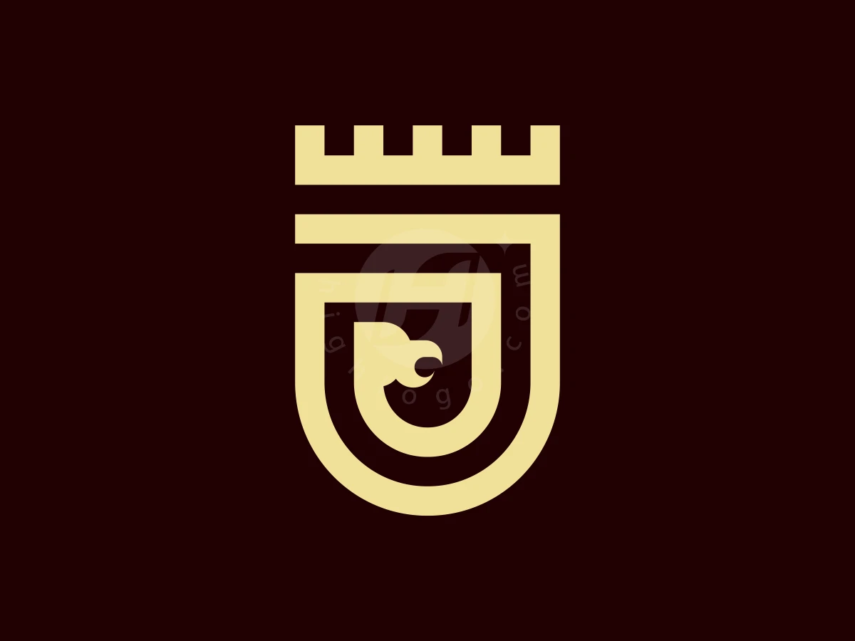 A Serpent Shield Gold Premium Logo, Golden lines create a castle-crowned shield enclosing a stylized eagle head on a solid dark brown background.