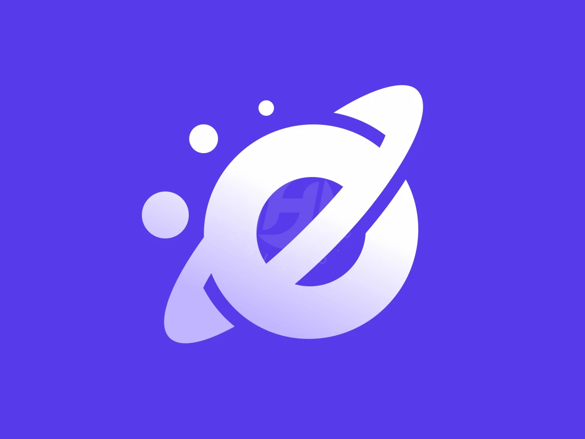 Letter E Space Planet Simple Logo, Rings and circular dots form a white Saturn-style letter "e" emblem set against a solid violet background.