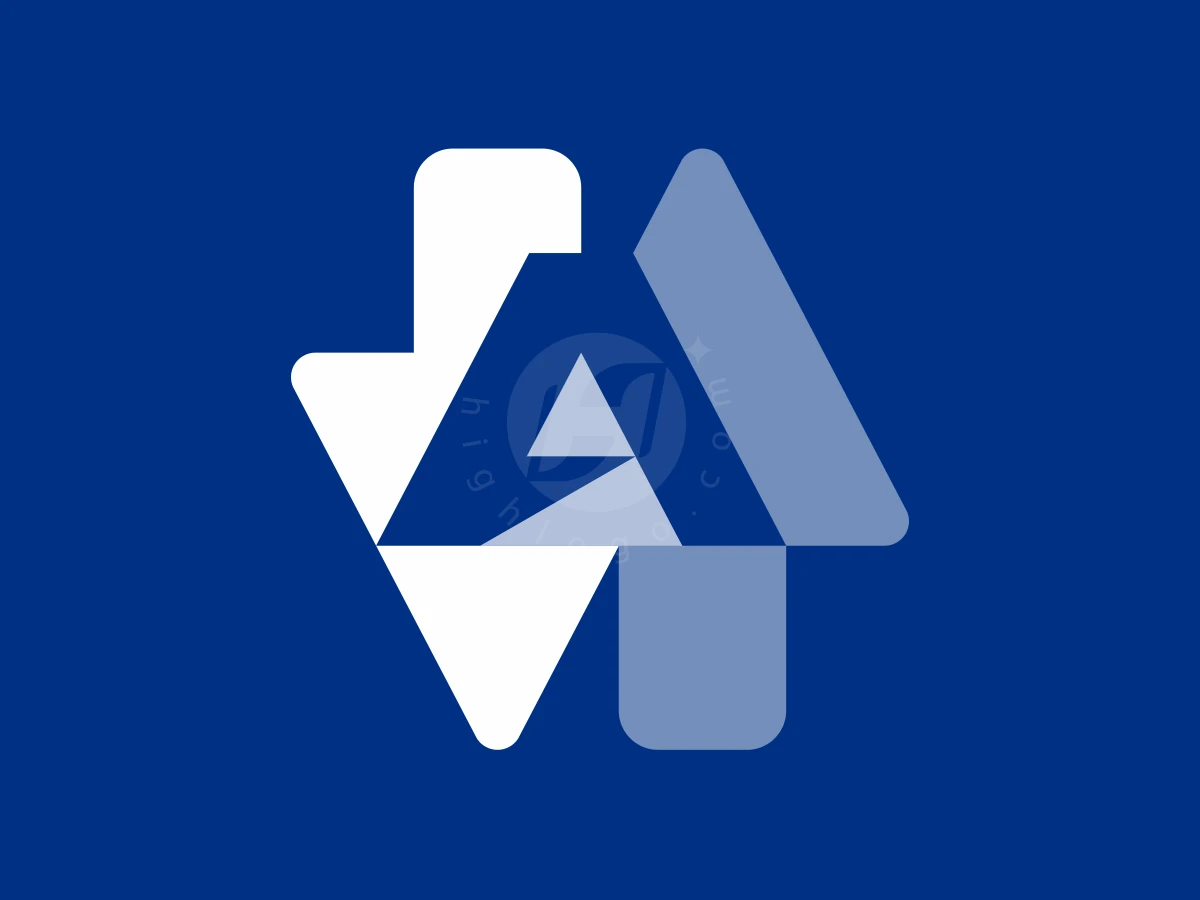 Arrow Up And Down Letter A Logo, Interlocking white and light blue geometric arrows form a stylized triangular shape against a solid deep blue backdrop.
