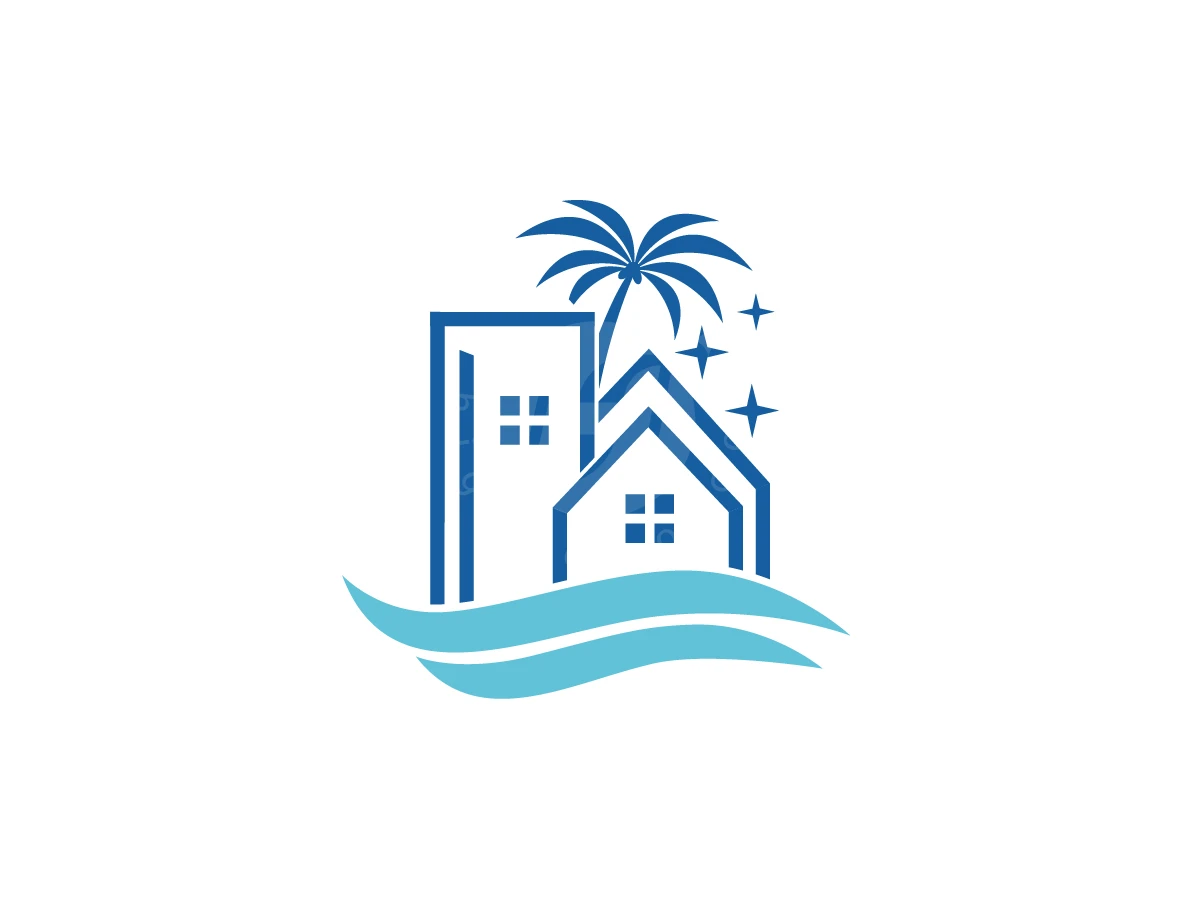 Ocean waves flow beneath a palm tree, stars, and dark blue buildings in this coastal real estate logo.