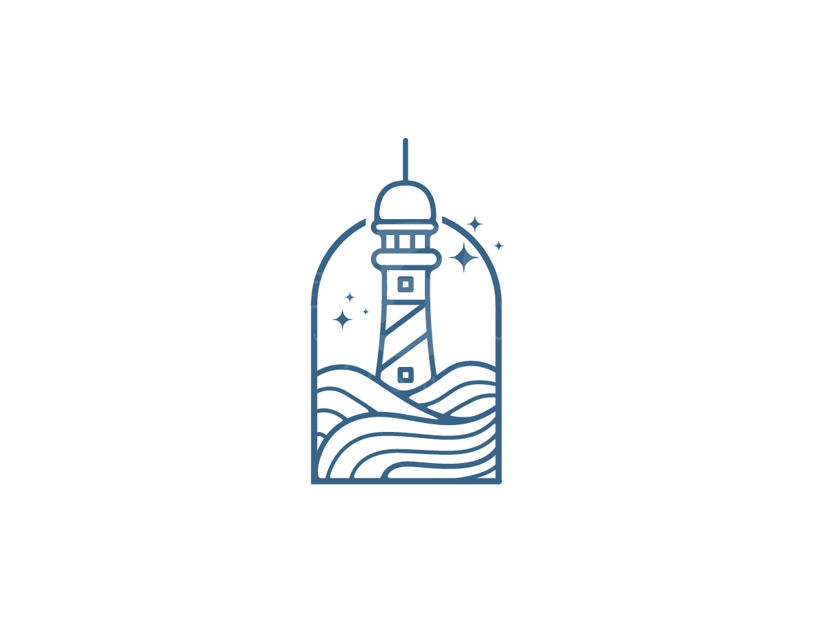 Waves flow under a striped lighthouse and stars inside an arched blue line art logo.