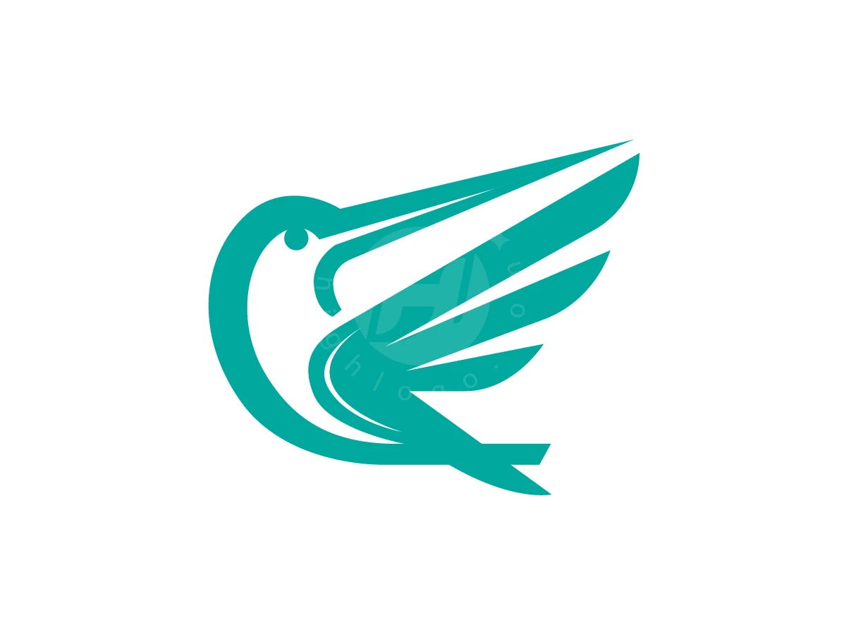Curves of teal form a bird logo with a long beak and rounded wings on a white background.