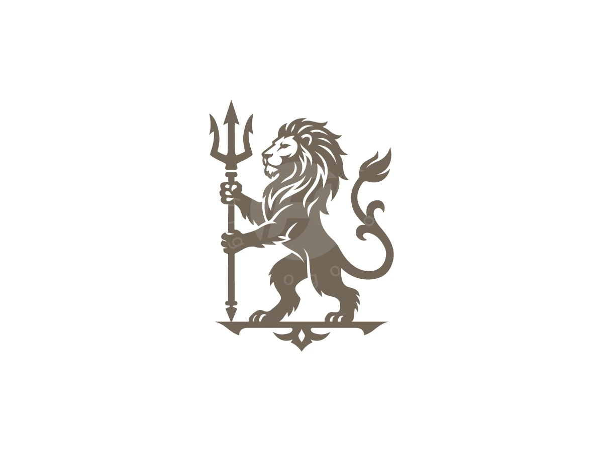 Grasping a trident, a brown lion stands upright in this royal security emblem logo on white.