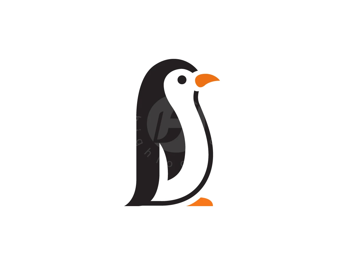 Featuring sleek black and white curves, this penguin mascot logo includes orange accents for a technology brand.