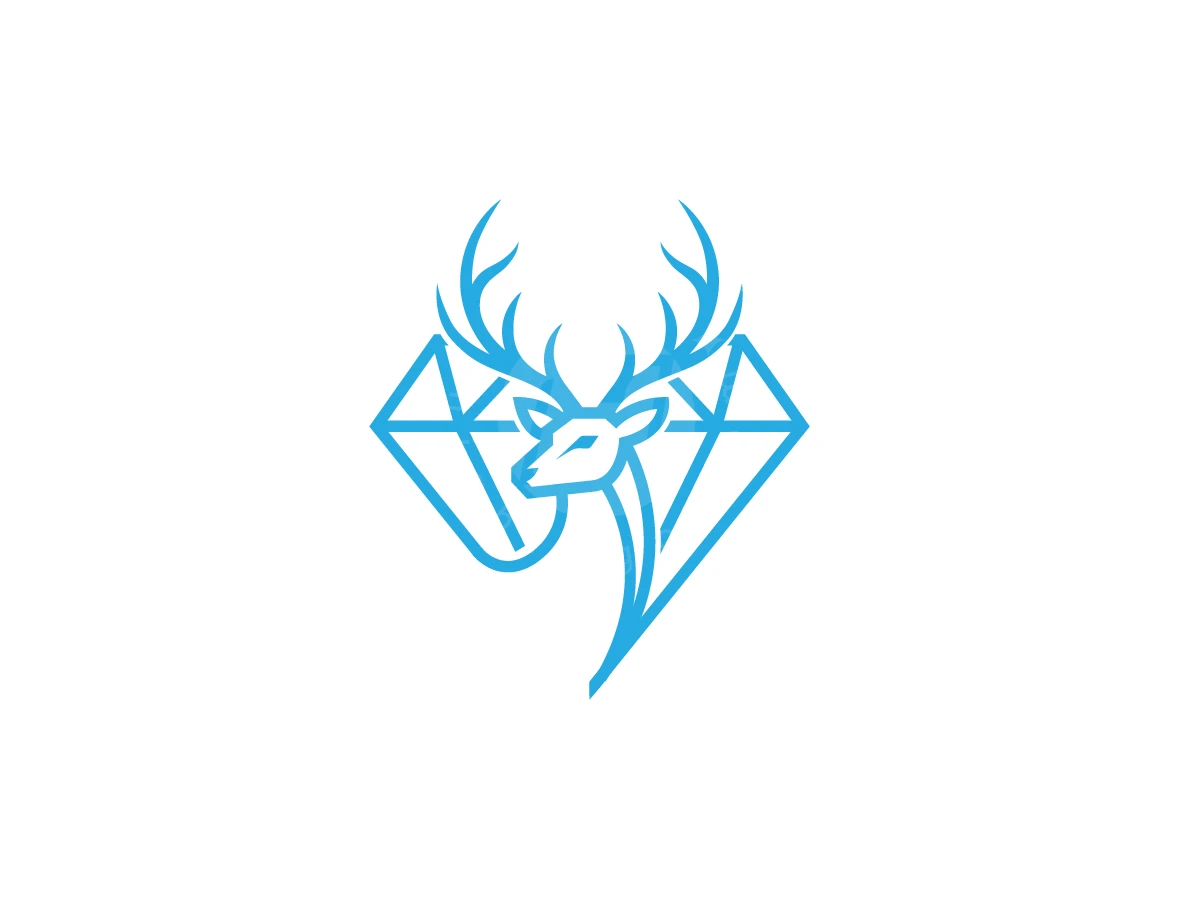 Elegant Deer Diamond Luxury Line Art Logo For Jewelry, Blue line art depicts a deer head and antlers integrated into a geometric diamond on a white background.