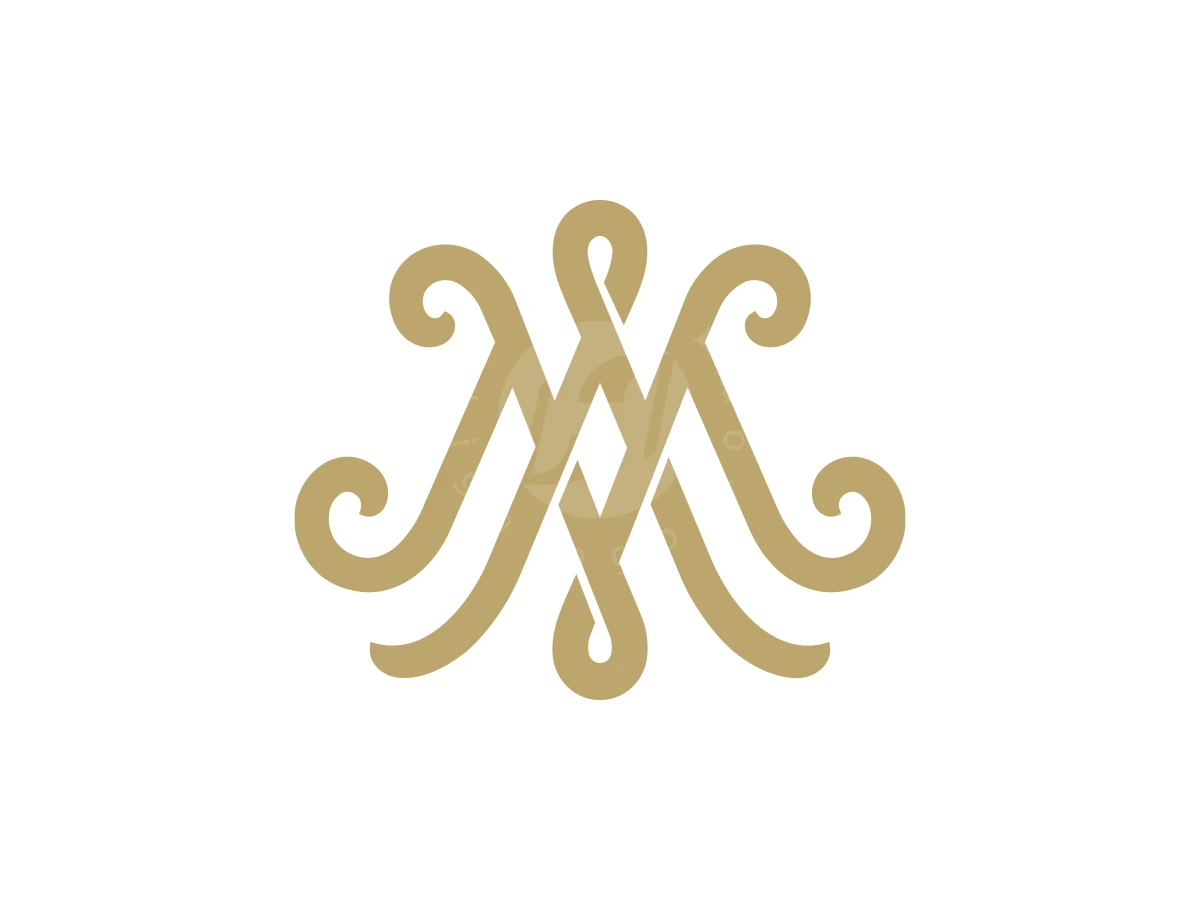 Intertwined gold lines create an elegant MA or AM monogram logo with symmetrical flourishes and calligraphic swirls.