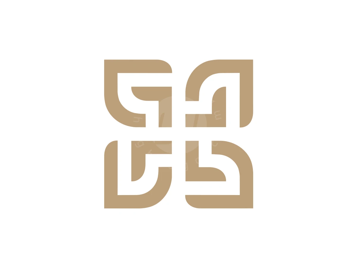 Symmetry defines this tan logo featuring four minimalist geometric letter G symbols arranged in a square pattern.