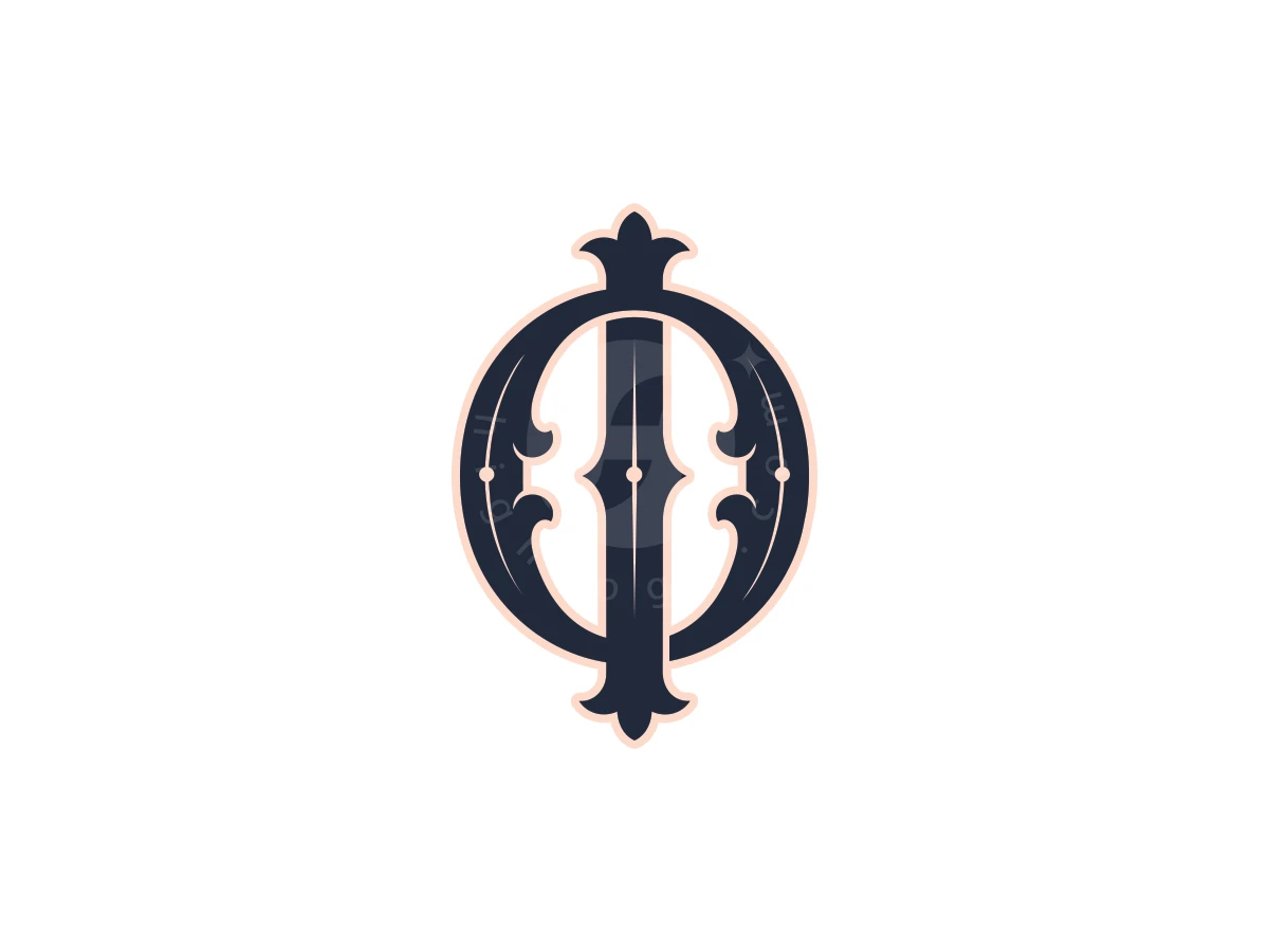 Intertwined navy letters O and I form an ornate monogram logo with peach outlines and vintage decorative flourishes.