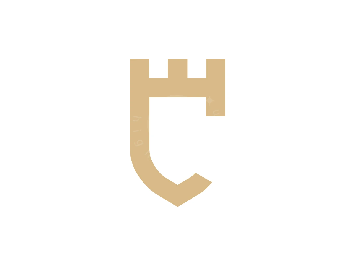 Shield and crown elements form a tan heraldic letter C logo using minimalist geometric lines on a white background.