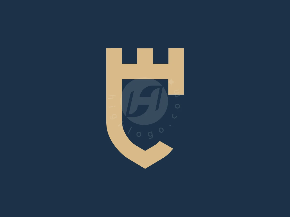 Gold geometric lines form a heraldic crown and shield-shaped letter C logo on a navy blue background.