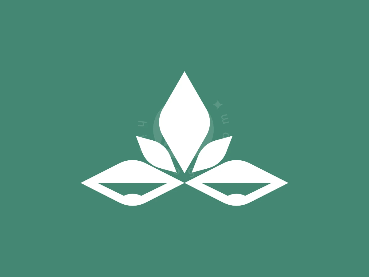 Leaf and diamond shapes in white form a symmetrical nature simple logo on a solid green background.
