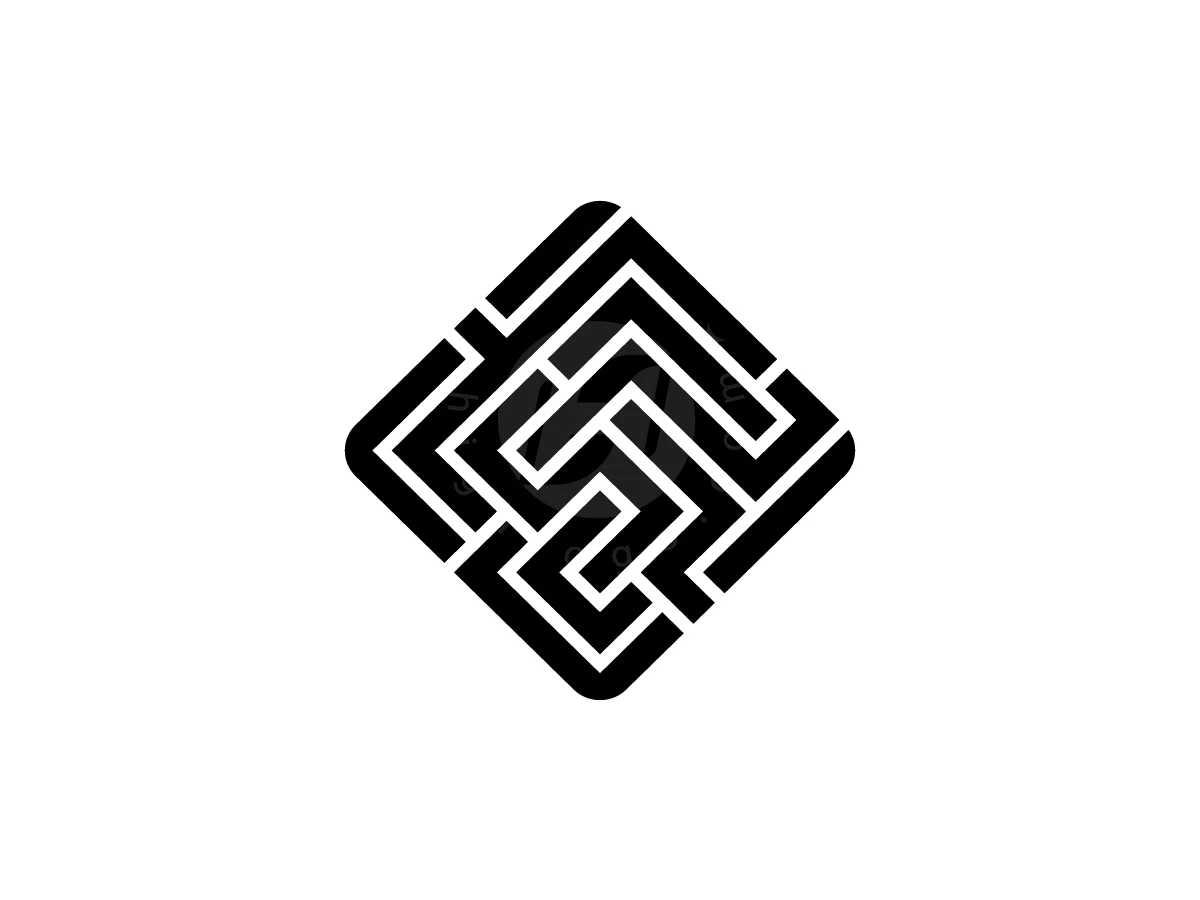 Modern Maze 57 Logo, Against a plain white background, bold black lines interlock to form a geometric, maze-like diamond emblem.